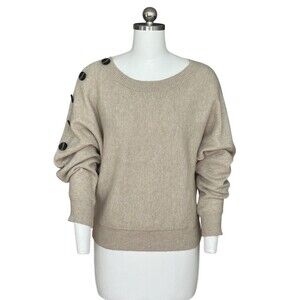 Poof Apparel Sweater Womens M Beige Crew Neck Pullover Button Sleeve